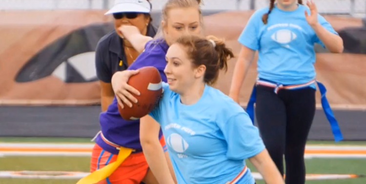 Freshmen going for the touchdown on the football field during last years powder puff event.