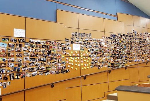 Photos and notes of encouragement line the walls of the Merle Davies Lecture Hall, where the Leadership class has been relocated.