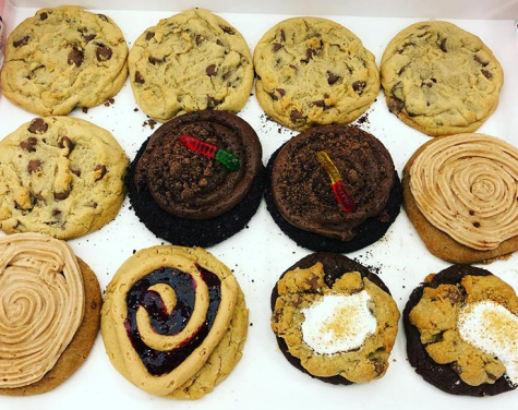 This box of twelve features chocolate chip, peanut butter and jelly, dirt cake, churro, and s’mores cookies.