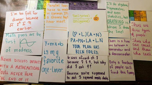 Math puns are written on pieces of paper