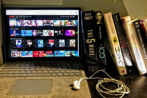 Books lean against a laptop featuring Netflix shows.