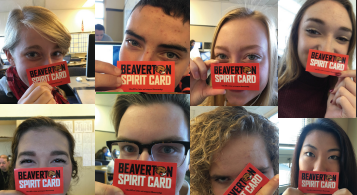 Newspaper staff selfies with their new Spirit Cards that they’re more than excited to start getting punches in.