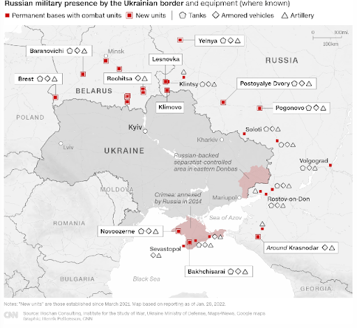 A map of known Russian military presence around Ukraine.