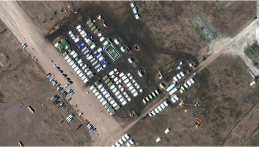 Equipment and troops at Oktyabrskoye airfield in Ukraine earlier this month.