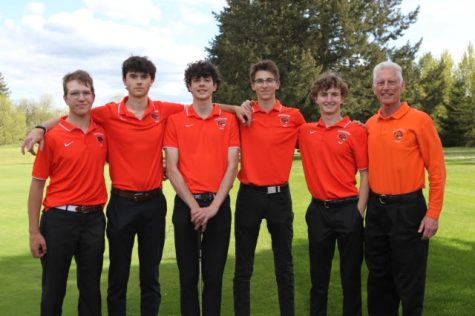 The boys golf team, left to right: Daniel Rue, Colin Fowler, Spencer Buth, Nels Fowler, Colby Wissmiller, and Coach Romanick