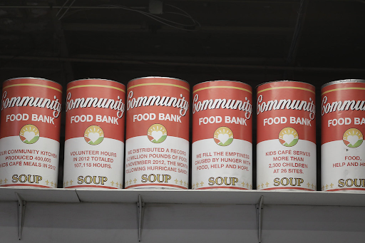 Food banks such as these continue to supply food for those in need, providing soups and other nonperishables.