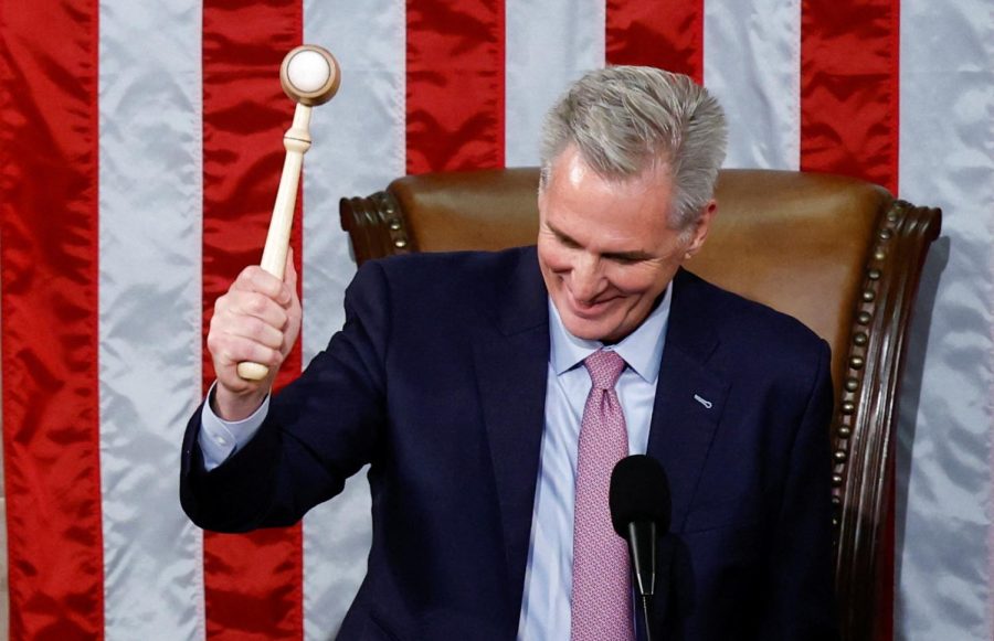 Kevin McCarthy celebrates winning the speakership after securing a majority of the votes on the 15th ballot. 